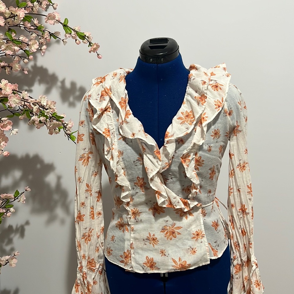 Free people white orange floral wrap blouse